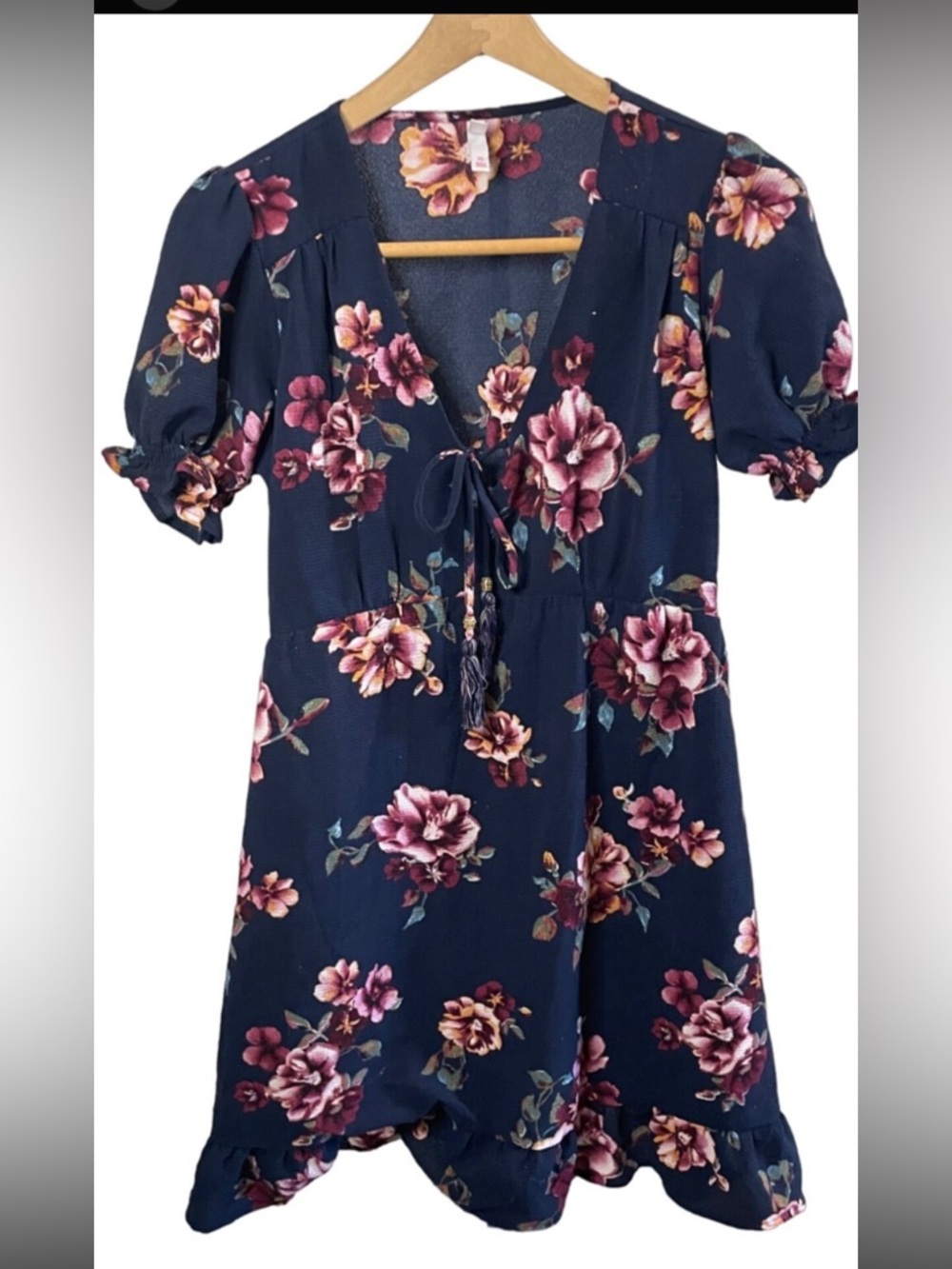 Xhilaration Navy Floral V-Neck Dress with Pink & Yellow Blooms